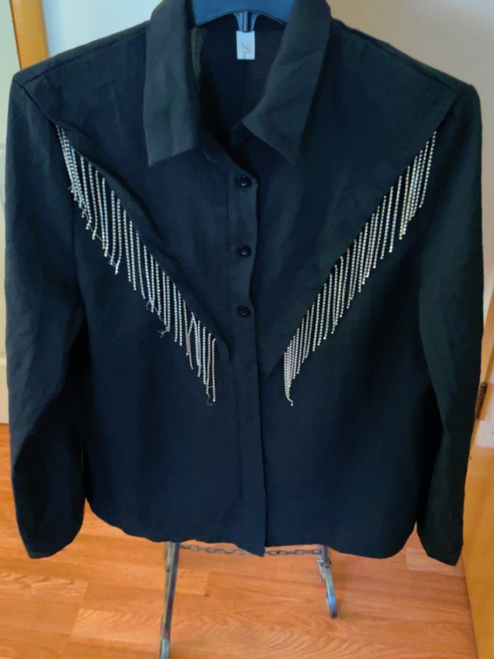 Black Button-Down Shirt with Silver Fringe Detailing